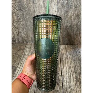 Starbucks 2022 Fall Green Aqua Grid Rainforest Venti Cold Cup Tumbler 24oz - NEW
